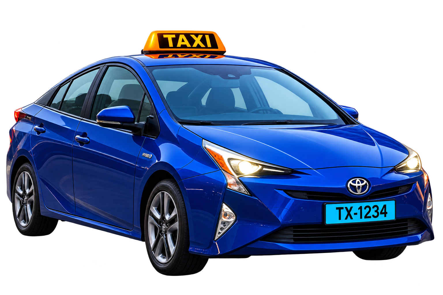Blauwe Toyota Prius taxi met lichtblauw kenteken